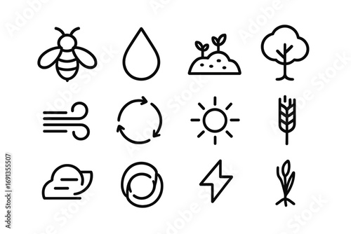 Ecosystem Icons Grid. Outline icon set of ecosystem services: pollination bee, clean water drop, fertile soil,