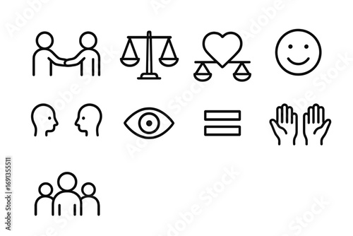 Mutual Respect Icons. Outline icon set of mutual respect: two people shaking hands, scales of equality, heart