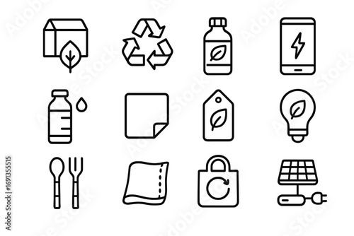 Sustainable Design Icons. Outline icon set of Sustainable Product Design: biodegradable packaging, recycled
