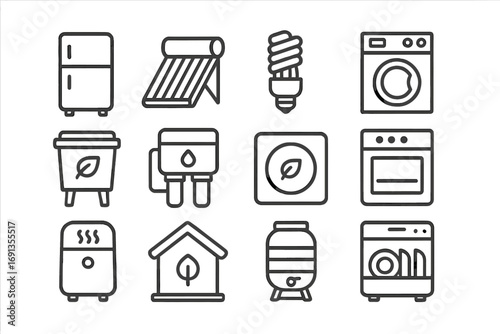 Eco Appliance Icons. Outline icon set of Eco Home Appliances: energy-efficient fridge, solar water heater, LED
