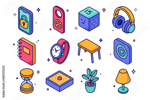 Digital Detox Icons. Colorful isometric vector icons set of digital detox and focus: phone with lock icon, do not disturb sign,