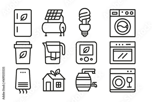 Eco Appliance Icons. Outline icon set of Eco Home Appliances: energy-efficient fridge, solar water heater, LED