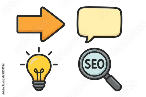 Digital marketing and SEO process icon set. Cartoon vector illustration with idea lightbulb, search magnifying glass, message bubble and arrow for business strategy and web.