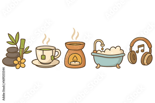 Relaxation icons for wellness spa therapy with tea cup, aromatherapy oil burner, bamboo stones, bubble bath and music headphones, calm and soothing vector set