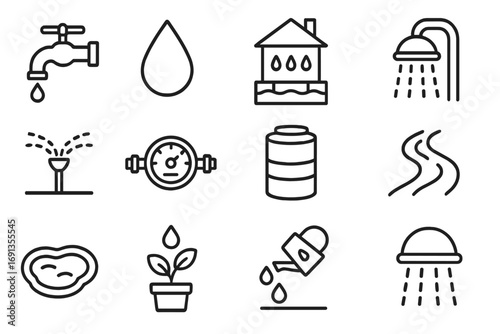 Water Conservation Icons. Outline icon set of Water Conservation Design: faucet, water droplet, rainwater