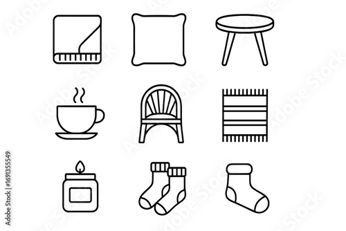 Cozy Terrace Icons. Outline icon set of cozy terrace vibes: blanket, pillow, small table, hot tea cup, wicker