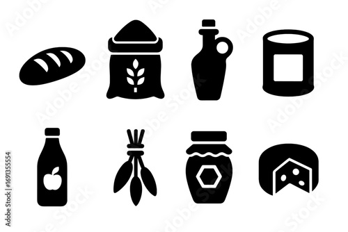 Harvest Products Icons. Solid, filled icon set of harvest products: bread loaf, flour sack, oil bottle, canned goods, juice bottle