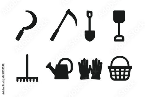 Harvest Tools Icons. Solid, filled icon set of harvest tools: sickle, scythe, shovel, hoe, rake, watering can, gloves, basket.