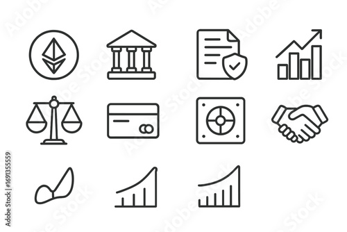 Decentralized Finance Icons. Outline icon set of decentralized finance for trade: defi token, bank building,