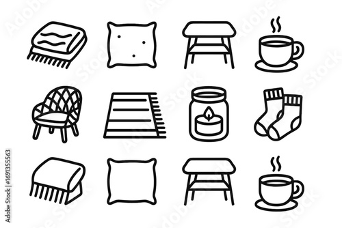 Cozy Terrace Icons. Outline icon set of cozy terrace vibes: blanket, pillow, small table, hot tea cup, wicker