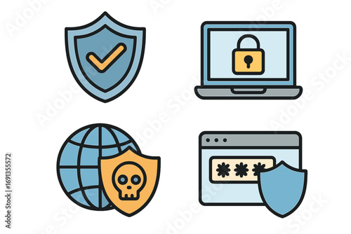 Cyber security icon set. Online data protection, internet privacy concepts. Secure password, network safety, antivirus and malware defense symbols. Shield, lock, hacker attack.