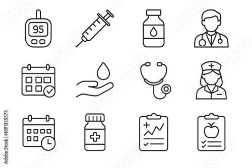 Diabetes Management Icons. Outline icon set of Diabetes Management Checkups: glucose meter, syringe, insulin,