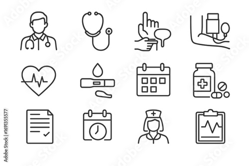 Men's Health Icons. Outline icon set of Men’s Health Checkups: doctor, stethoscope, prostate exam, blood