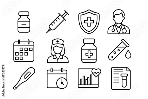 Immunity Icon Set. Outline icon set of Immunity Monitoring: vaccine, syringe, shield icon, doctor, calendar,