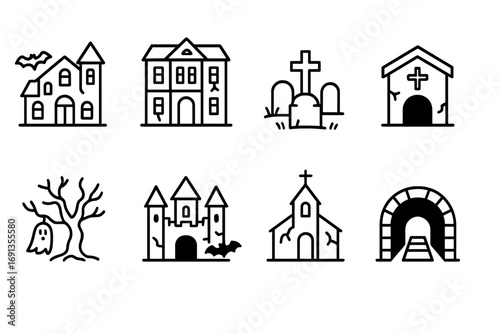 Haunted Locations Icons. Outline icon set of haunted locations: haunted house, abandoned mansion, cemetery, crypt, haunted forest,
