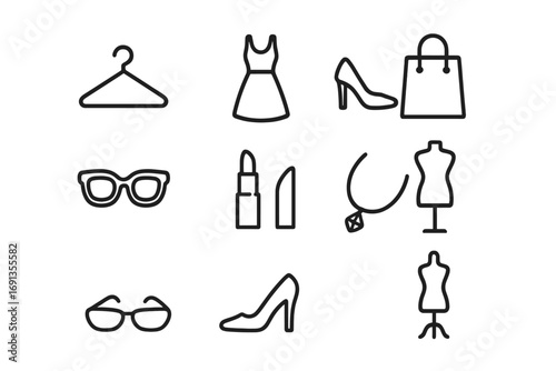 Fashion Icon Set. Outline icon set of fashion blogging: hanger, dress, high heels, shopping bag, sunglasses,