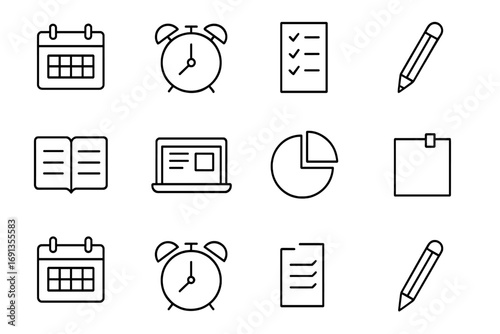 Productivity Icon Set. Outline icon set of productivity blogging: calendar, alarm clock, checklist, pencil,