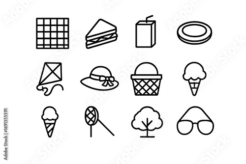 Family Picnic Icons. Outline icon set of Family Picnic Fun: picnic blanket, sandwich, juice box, frisbee, kite