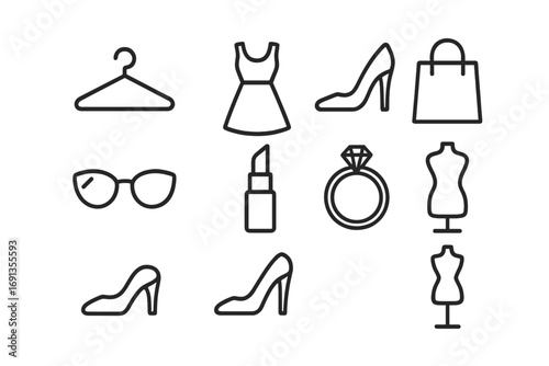 Fashion Icon Set. Outline icon set of fashion blogging: hanger, dress, high heels, shopping bag, sunglasses,