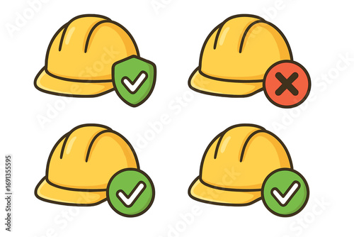 Safety helmet icons set with security and approval symbols, construction hard hat with green check marks and red cross, safety gear vector illustration, protective headwear symbols