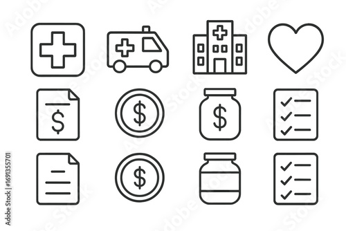 Emergency Fund Icons. Outline icon set of emergency family funds: medical cross, ambulance, hospital building,