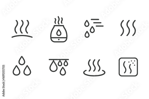 Heat and Moisture Icons. Outline icon set of heat and moisture: steam vents, humidifier, mist droplets, warm air, sweat beads,