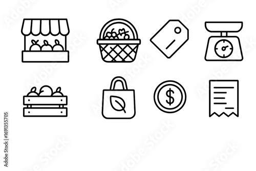 Fresh Produce Icons. Outline icon set of fresh produce market: fruit stall, basket of berries, price tag,