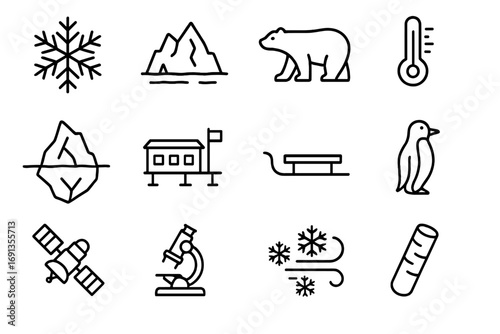 Ice and Snow Icons. Outline icon set of Ice and Snow Research: snowflake, glacier, polar bear, thermometer,