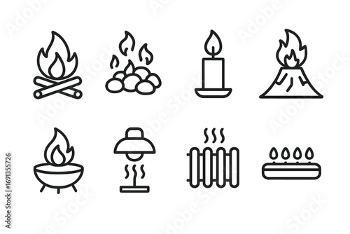 Heat Source Icons. Outline icon set of heat sources: campfire, hot coals, candle flame, volcanic eruption, fire pit, heat lamp,