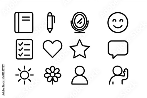 Self-Affirmation Icons. Outline icon set of Daily self-affirmations: notebook, pen, mirror, smiling face,