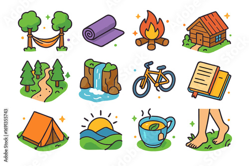 Digital Detox Icons. Colorful isometric vector icons set of traveling for digital detox: hammock between trees, yoga mat, campfire