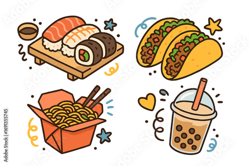 Street food collection vector icon set. Cute doodle cartoon of sushi, tacos, chinese noodles and bubble tea. Asian, mexican fast food illustration for menu, sticker.