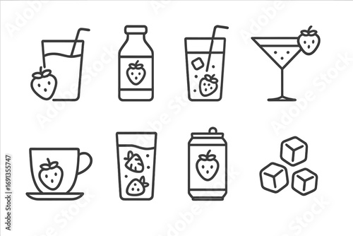 Strawberry Drink Icons. Outline icon set of strawberry drinks: strawberry smoothie, juice bottle, straw glass,