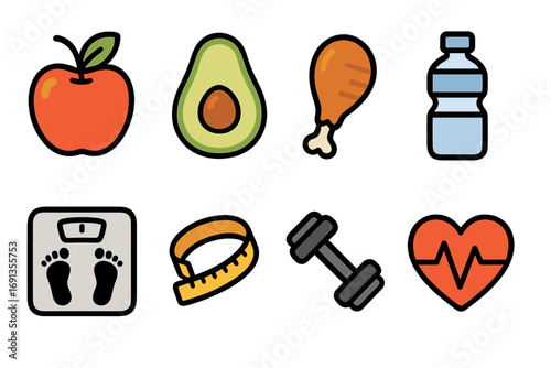Simple playful food and fitness icons for health tracking apps with transparent background, including apple, avocado, chicken, water bottle, scale, measuring tape, dumbbell, and heart rate vector set