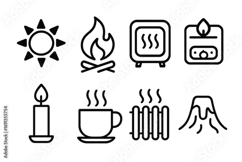 Heat Source Icons. Solid, filled icon set of heat sources: sun, fire, heater, stove, candle flame, hot cup, radiator, lava. Line