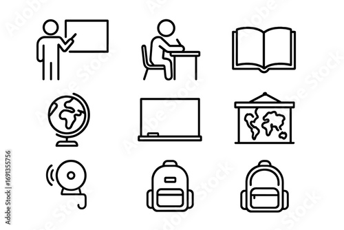 Classroom Icon Set. Outline icon set of classroom learning: teacher pointing, student writing, open textbook,