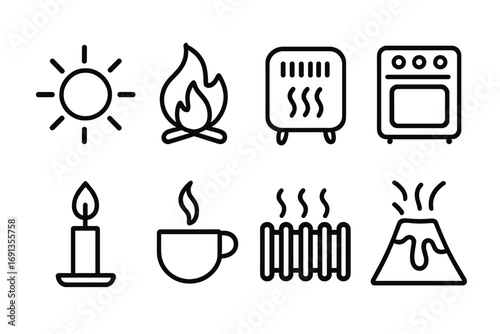 Heat Source Icons. Solid, filled icon set of heat sources: sun, fire, heater, stove, candle flame, hot cup, radiator, lava. Line