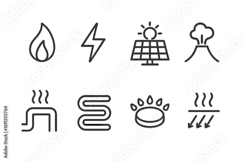 Heat Source Icons. Outline icon set of heat sources: flame, electric spark, solar panel, geothermal vent, hot water pipe, heating