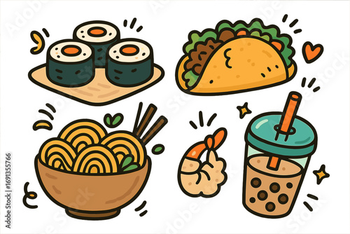 Cute street food vector set. Fun doodle cartoon illustration of sushi, taco, ramen noodles, and bubble boba tea. Asian Japanese and Mexican fast food icons collection.