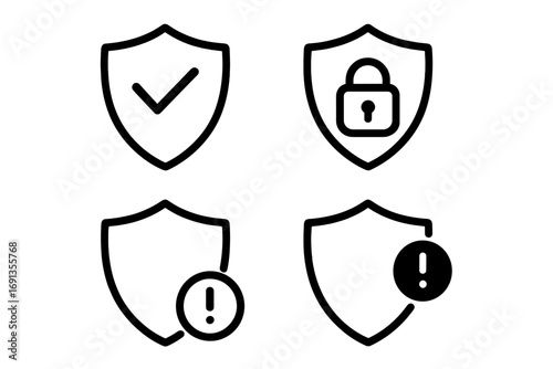 Simple linear shield icons with security symbols, check mark, lock, and notification alerts, vector cartoon illustration, transparent background, ordered set for protection concept