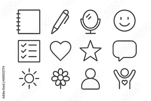 Self-Affirmation Icons. Outline icon set of Daily self-affirmations: notebook, pen, mirror, smiling face,