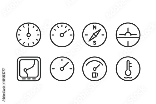 Helicopter Instrument Icons. Outline icon set of helicopter instruments: altimeter, airspeed indicator, compass, attitude