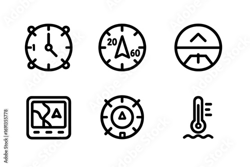 Helicopter Instrument Icons. Outline icon set of helicopter instruments: altimeter, airspeed indicator, compass, attitude