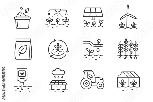 Sustainable Agriculture Icons. Outline icon set of Sustainable agriculture: compost, irrigation system, solar