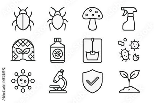 Pest Control Icon Set. Outline icon set of Pest and disease control: insect, aphid, fungus, spray bottle,