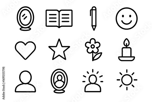 Evening Gratitude Icons. Outline icon set of Evening gratitude routine: mirror, journal, pen, smiling face,