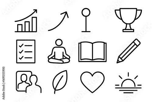 Personal Growth Icons. Outline icon set of Personal growth tracking: goal chart, progress arrow, milestone,