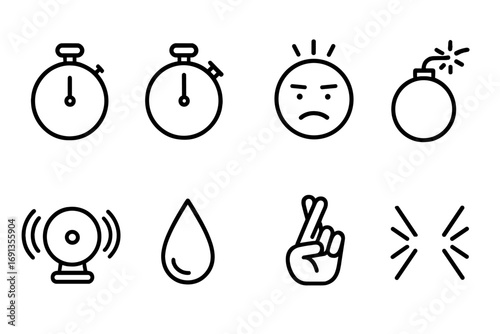 High Pressure Icons. Outline icon set of high stakes pressure: timer, stopwatch, stressed face, ticking bomb, alarm bell, sweat