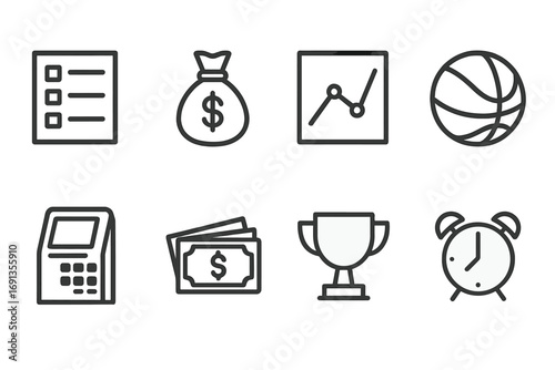 High Stakes Betting Icons. Outline icon set of high stakes betting: betting slip, money bag, odds chart, sports ball, betting
