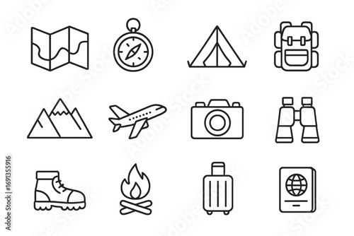 Travel Icon Set. Outline icon set of Travel and adventure journaling: map, compass, tent, backpack, mountain,